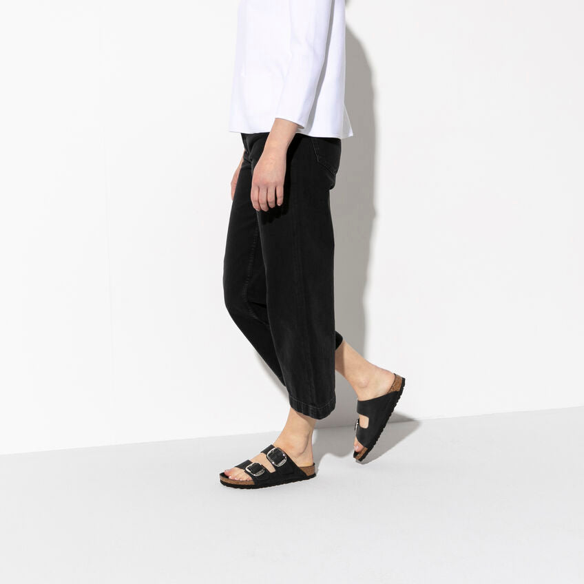 Birkenstock Arizona Big Buckle Nera Pelle Ingrassata Pianta Stretta